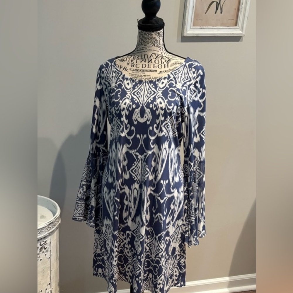 MSK Womens Navy & White Bell Sleeve Dress size Small Bohemian